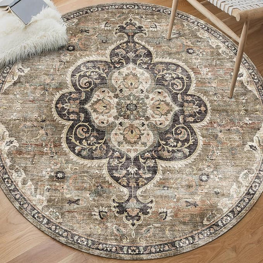 ReaLife Rugs Machine Washable Area Rug - Living Room Bedroom Bathroom Kitchen Entryway Office - Non Slip Low Pile Stain Resistant Premium - Boho Farmhouse Vintage - Joy - Brown Beige 6' Round