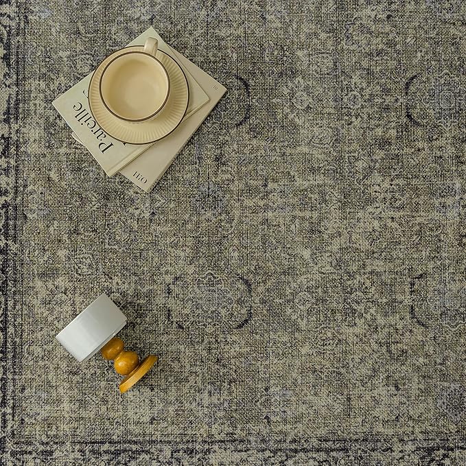 Vintage Area Rug 9x12 Washable Olive Brown Living Room Carpet Large Indoor Non Slip Bedroom Low Pile Kitchen Distressed Retro Accent Throw Rug for Dining Room