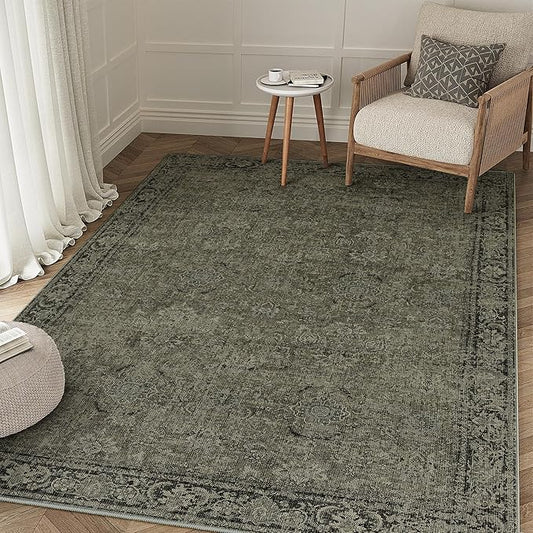 Vintage Area Rug 4x6 Washable Olive Brown Entryway Living Room Carpet Indoor Non Slip Entrance Low Pile Office Distressed Retro Accent Throw Rug for Dining Room Bathroom Bedroom Laundry