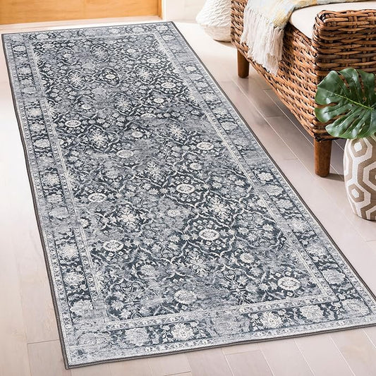 ReaLife Rugs Machine Washable Area Rug - Living Room Bedroom Bathroom Kitchen Entryway Office - Padded Low Pile Stain Resistant Premium - Boho Farmhouse Vintage - Noor - Dark Gray Ivory 2'6" x 8'