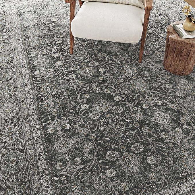 Vintage Area Rug 8x10 Black Washable Living Room Large Carpet Non Slip Bedroom Indoor Office Low Pile Traditional Distressed Retro Accent Rug for Dining Room