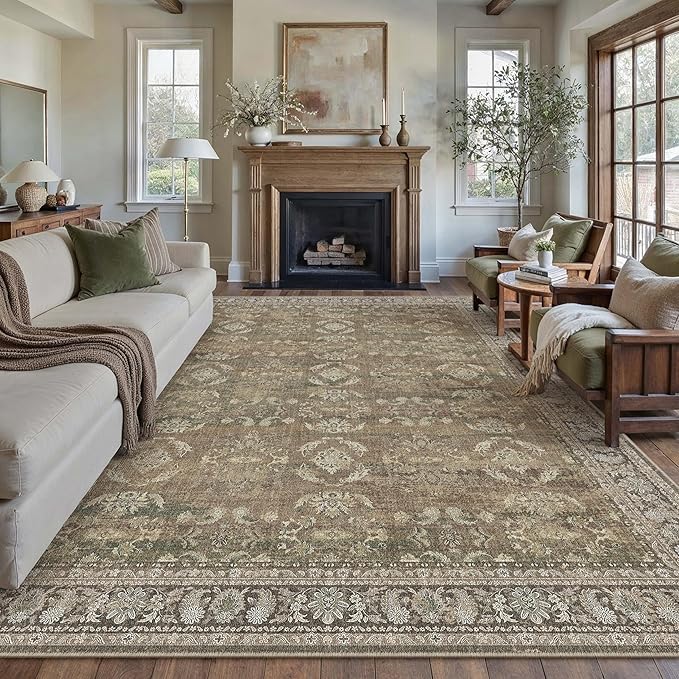 8x10 Brown Area Rug for Living Room Washable Vintage Distressed Carpet Large Bedroom Low Pile Non Slip Indoor Soft Retro Throw Accent Rug Office Kitchen Bathroom Dining Room