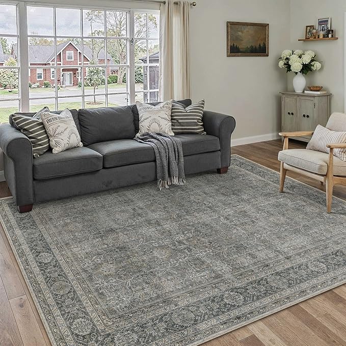 Vintage Area Rug 5x7 Grey Brown Washable Living Room Large Carpet Non Slip Bedroom Indoor Office Low Pile Traditional Distressed Retro Accent Rug for Dining Room Bathroom Kitchen