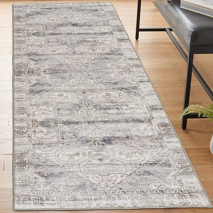 ReaLife Rugs Machine Washable Area Rug - Living Room Bedroom Bathroom Kitchen Entryway Office - Padded Low Pile Stain Resistant Premium - Boho Farmhouse Vintage - Lia - Ivory Beige Gray 2'6" x 8'