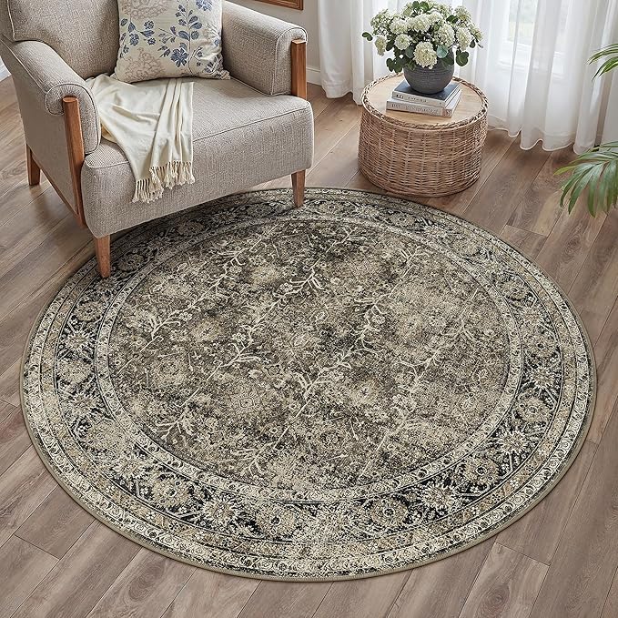Brown Round Area Rug 5ft Washable 5x5 Circle Vintage Low Pile Indoor Kitchen Living Room Carpet Non Slip Traditional Distressed Retro Accent Throw Rug Office Dining Room Bathroom