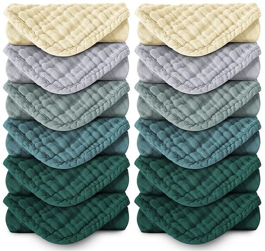 MOON PARK Baby Washcloths, 12 Pack - 12x12 Inches, Small Burp Cloths and Baby Wipes - 100% Cotton Muslin Ultra Soft for Newborn, Infant and Toddlers - Ivory, Slate and Emerald Series