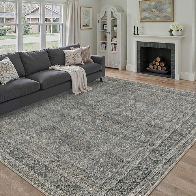 Vintage Area Rug 8x10 Grey Brown Washable Living Room Large Carpet Non Slip Bedroom Indoor Office Low Pile Traditional Distressed Retro Accent Rug for Dining Room