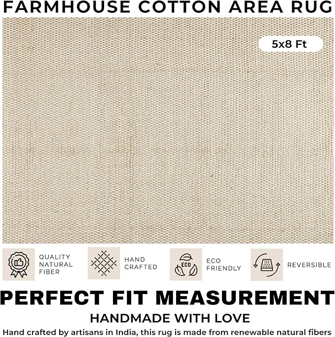 Bedding Craft Jute Cotton Matty Area Rug for Living Room 60x96 Inch - Natural - Machine Washable 5x8 Feet Rugs - 70% Jute and 30% Cotton