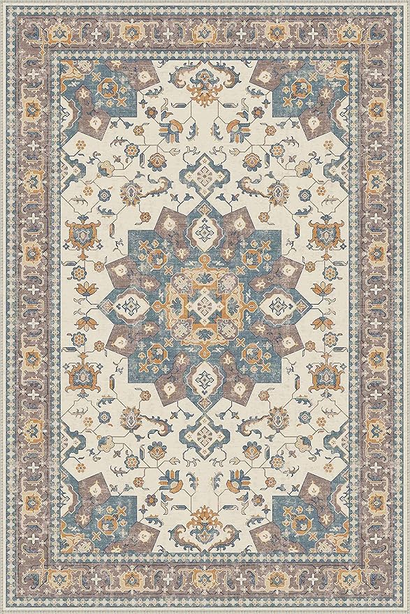 Dripex Vintage Washable Area Rug - 3x5 Entryway Rug for Indoor Door Mat Low-Pile Non-Slip Bedside Rug Bedroom Oriental Medallion Floral Print Carpet Soft Accent Rug Farmhouse Office Home Decor
