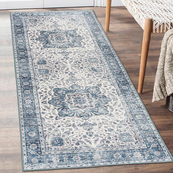 ReaLife Rugs Machine Washable Area Rug Runner - Living Room Bedroom Bathroom Kitchen Entryway Office - Padded Low Pile Stain Resistant Premium - Boho Farmhouse Vintage - Joy - Blue Ivory 2'6" x 8'