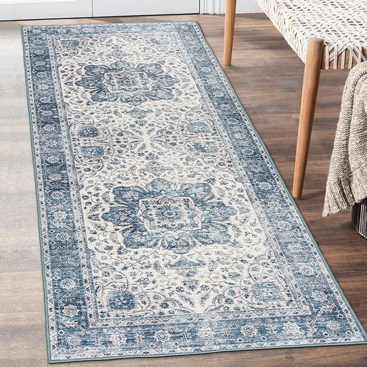 ReaLife Rugs Machine Washable Area Rug Runner - Living Room Bedroom Bathroom Kitchen Entryway Office - Padded Low Pile Stain Resistant Premium - Boho Farmhouse Vintage - Joy - Blue Ivory 2'6" x 8'