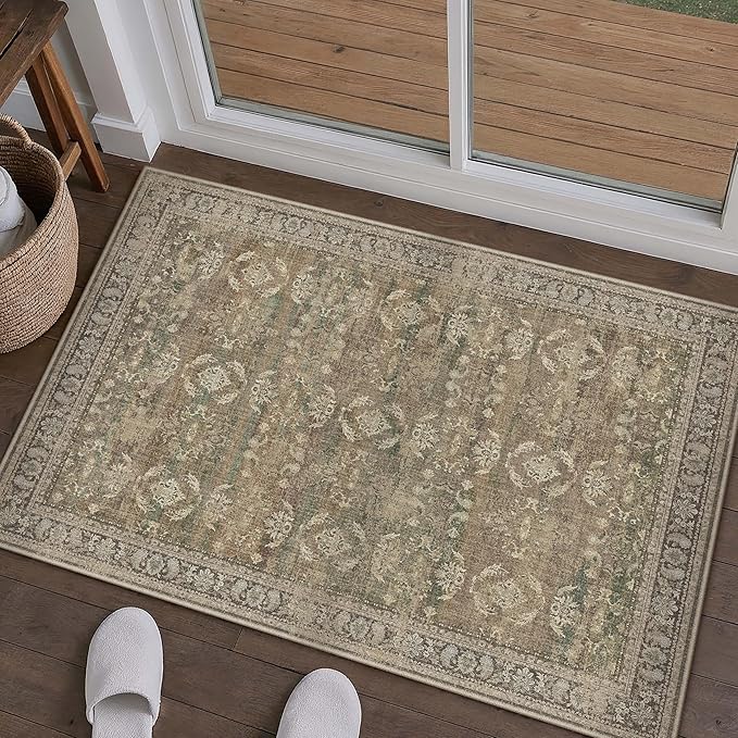 2x3 Brown Area Rug Washable Vintage Distressed Carpet Low Pile Entryway Door Mat Non Slip Indoor Soft Small Retro Entrance Throw Accent Rug for Kitchen Bathroom Bedroom Dining Living Room