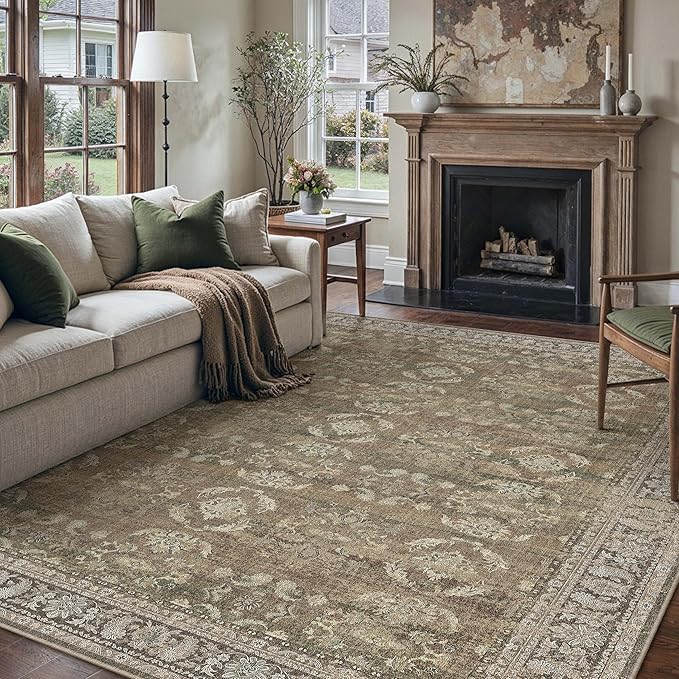 8x10 Brown Area Rug for Living Room Washable Vintage Distressed Carpet Large Bedroom Low Pile Non Slip Indoor Soft Retro Throw Accent Rug Office Kitchen Bathroom Dining Room