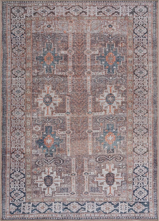 Bloom Rugs Washable 9' x 12' Rug - Brown/Blue/Orange Traditional Area Rug for Living Room, Bedroom, Dining Room, and Kitchen - Exact Size: 9' x 12'