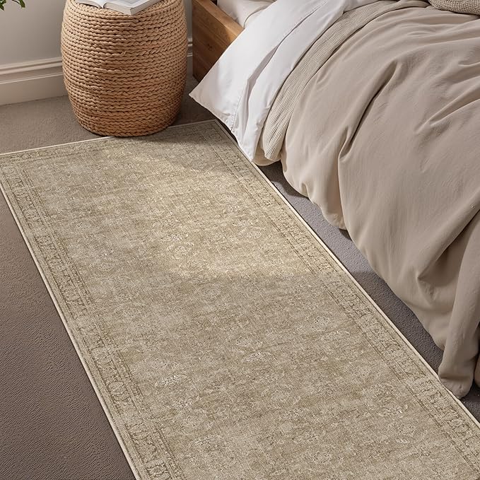 2x7 Light Brown Area Rug Runners for Hallways Washable Vintage Distressed Carpet Low Pile Non Slip Indoor Retro Soft Long Accent Rug Bedroom Kitchen Bathroom Laundry Dining Living Room