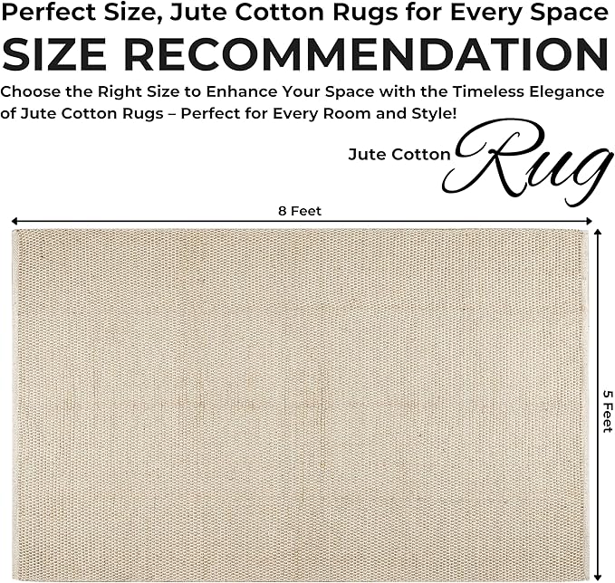 Bedding Craft Jute Cotton Matty Area Rug for Living Room 60x96 Inch - Natural - Machine Washable 5x8 Feet Rugs - 70% Jute and 30% Cotton