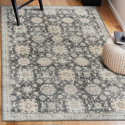 ReaLife Rugs Machine Washable Area Rug Runner - Living Room Bedroom Bathroom Kitchen Entryway - Padded Low Pile Stain Resistant Premium - Boho Farmhouse Vintage - Bryn - Gray Beige Ivory 3' x 5'