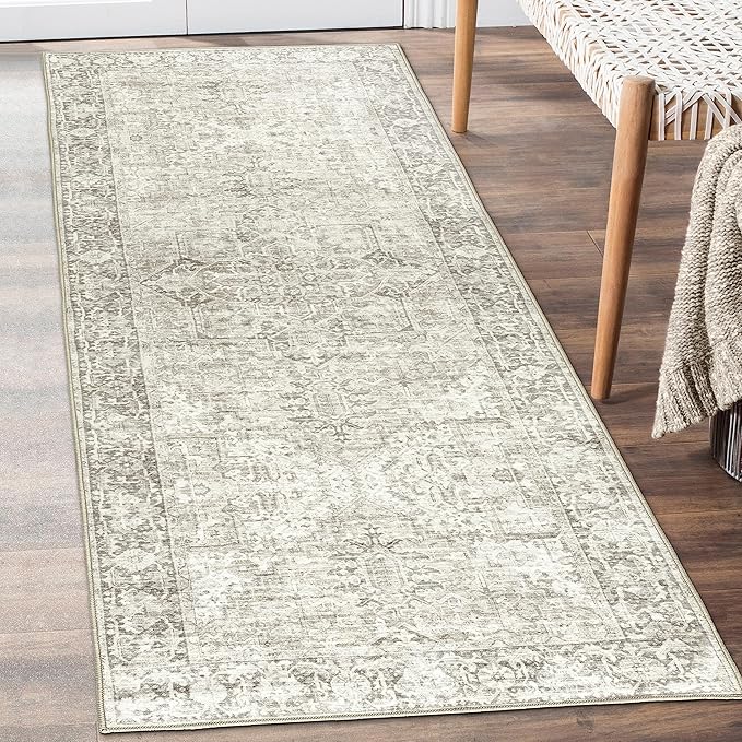 ReaLife Rugs Machine Washable Area Rug Runner - Living Room Bedroom Bathroom Kitchen Entryway Office - Padded Low Pile Stain Resistant Premium - Boho Farmhouse Vintage - Lyle - Beige Ivory 2'6" x 10'