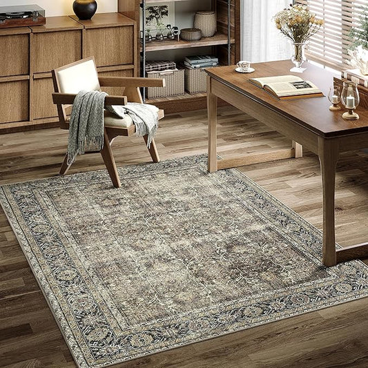 Vintage Area Rug 4x5 Brown Entryway Office Washable Carpet Non Slip Bedroom Indoor Living Room Door Mat Low Pile Traditional Distressed Retro Accent Rug for Dining Room Bathroom Kitchen