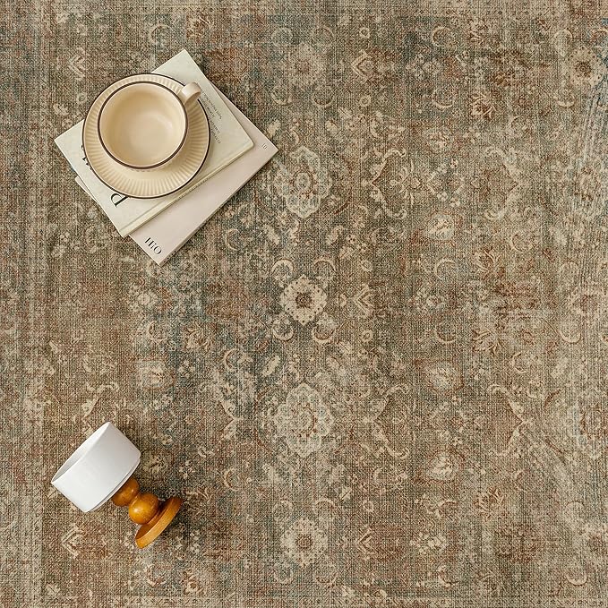 Vintage Area Rug 2x3 Washable Brown Entryway Carpet Non Slip Entrance Low Pile Kitchen Distressed Retro Accent Throw Rug for Bathroom Bedroom Dining Living Room