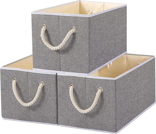 Yawinhe Foldable Storage Basket 3-Pack, Large Fabric Bins with Rope Handle, Used for Organizing Shelves, Closets, Clothes, 12.99''Lx9.05''Wx7.87''H, Grey