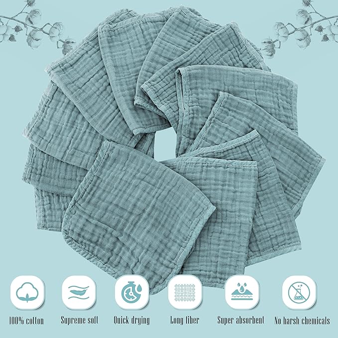 Cute Castle 12 Pack Muslin Burp Cloths for Baby - Ultra-Soft 100% Cotton Baby Washcloths - Large 20'' by 10'' Super Absorbent Milk Spit Up Rags - Burpy Cloths for Unisex, Boy, Girl - Dark Green