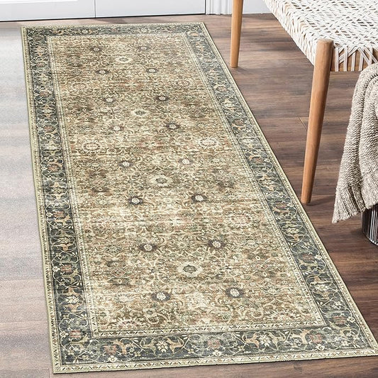 ReaLife Rugs Machine Washable Area Rug - Living Room Bedroom Bathroom Kitchen Entryway Office - Padded Low Pile Stain Resistant Premium - Boho Farmhouse Vintage - Dua - Brown Gray Beige 2'6" x 8'