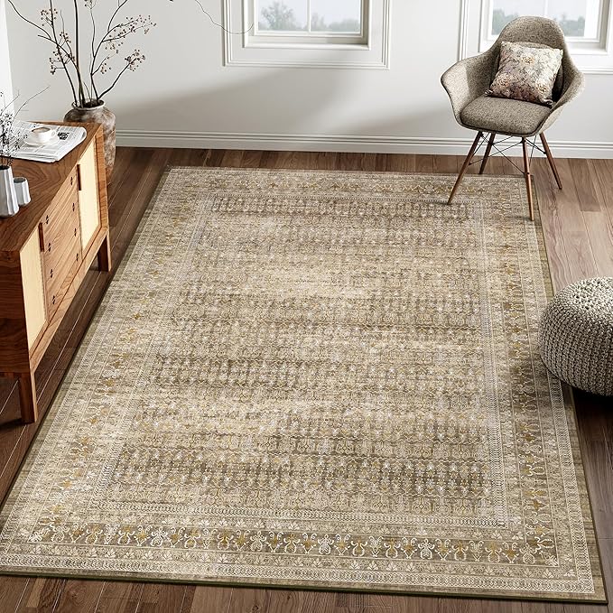 Brown 5x7 Area Rug for Living Room Washable Vintage Distressed Large Carpet Bedroom Low Pile Non Slip Indoor Soft Retro Throw Accent Rug Office Kitchen Bathroom Dining Room