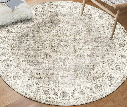 ReaLife Rugs Machine Washable Area Rug - Living Room Bedroom Bathroom Kitchen Entryway Office - Padded Low Pile Stain Resistant Premium - Boho Farmhouse Vintage - Joy - Beige Ivory 4' Round