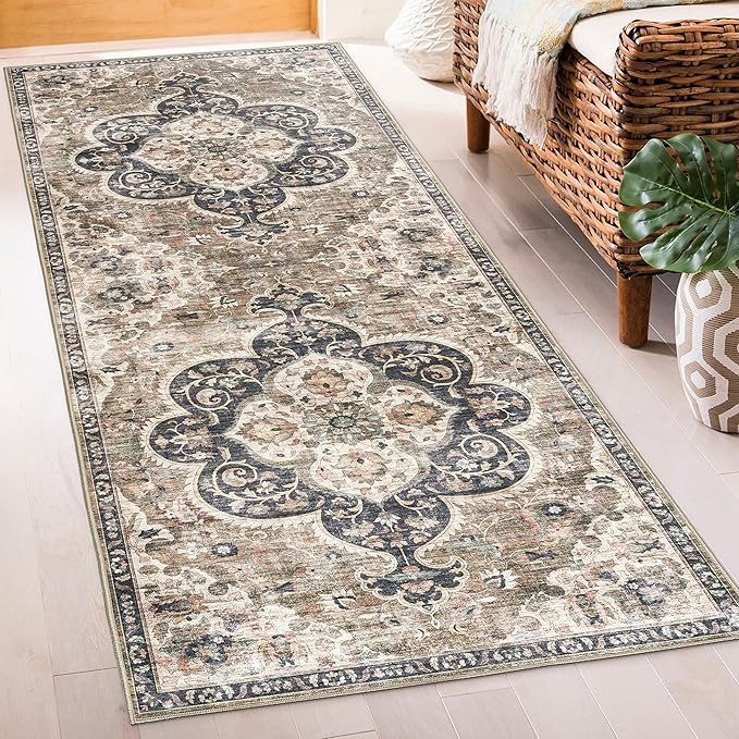 ReaLife Rugs Machine Washable Area Rug Runner - Living Room Bedroom Bathroom Kitchen Entryway Office - Padded Low Pile Stain Resistant Premium - Boho Farmhouse Vintage - Joy - Brown Beige 2'6" x 6'