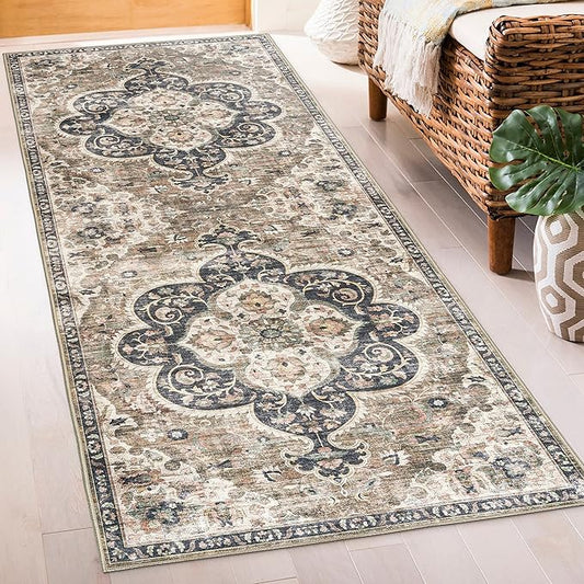 ReaLife Rugs Machine Washable Area Rug Runner - Living Room Bedroom Bathroom Kitchen Entryway Office - Padded Low Pile Stain Resistant Premium - Boho Farmhouse Vintage - Joy - Brown Beige 2'6" x 6'