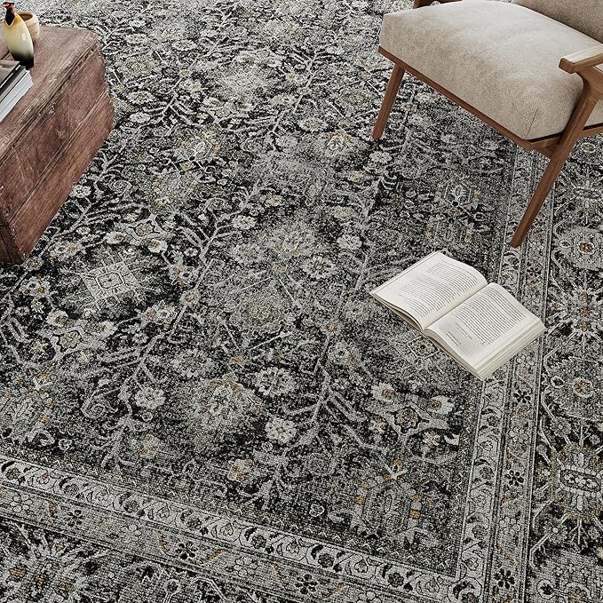 Black Runner Rug 2x5 Vintage Area Carpet Hallway Indoor Kitchen Washable Living Room Low Pile Traditional Distressed Retro Accent Throw Rug Non Slip for Laundry Bathroom Office Dining Room