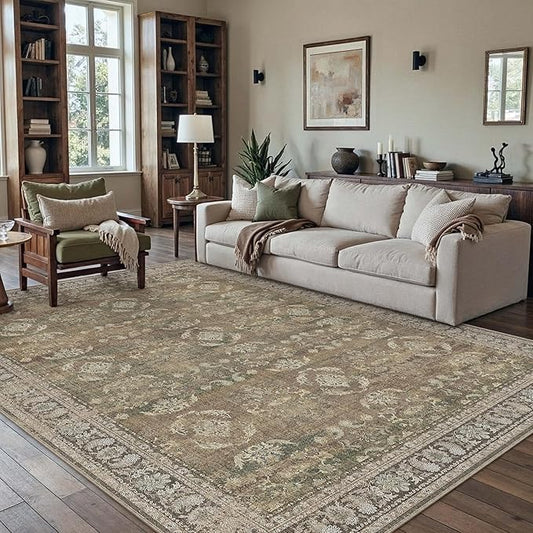 6x9 Brown Area Rug for Living Room Washable Vintage Distressed Carpet Large Bedroom Low Pile Non Slip Indoor Soft Retro Throw Accent Rug Office Kitchen Bathroom Dining Room