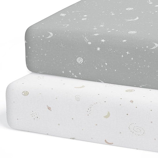 Crib Sheets Neutral - Fitted Baby Crib Sheets Bed for Girl Boy - 2 Pack Standard & Toddler Mattress (Galaxy, Moon, and Stars) - Buttery Soft Organic Cotton Blend