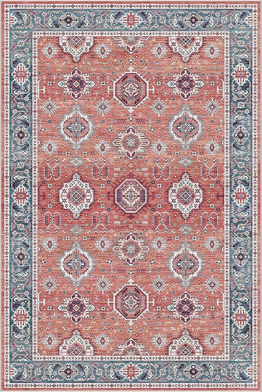 Dripex Vintage Washable Area Rug - 4x6 Distressed Rugs for Living Room Bedroom Oriental Medallion Floral Print Carpet Low-Pile Indoor Soft Non-Slip Accent Rug Farmhouse Office Home Decor