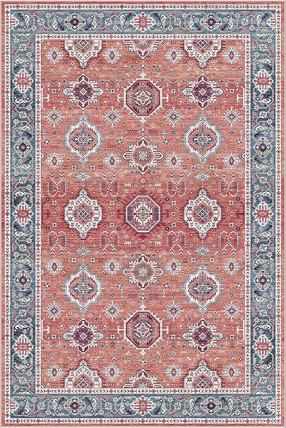 Dripex Vintage Washable Area Rug - 5x8 Distressed Rugs for Living Room Bedroom Oriental Medallion Floral Print Carpet Low-Pile Indoor Soft Non-Slip Accent Rug Farmhouse Office Home Decor