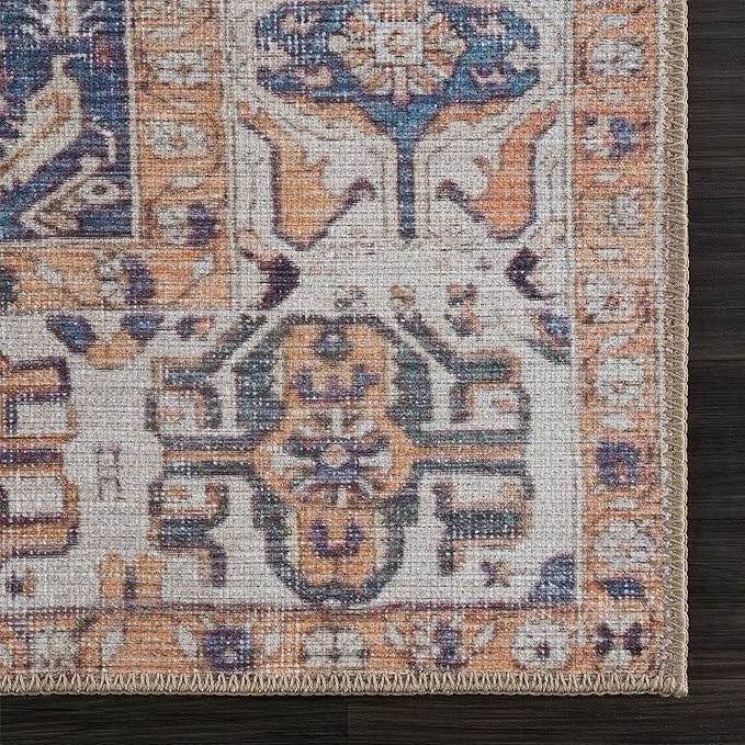 Bloom Rugs Washable 12 ft Runner - Orange / Blue / Beige Traditional Persian Runner for Entryway, Hallway, Bathroom, and Kitchen - Exact Size: 2'5" x 12"