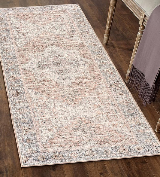 ReaLife Rugs Machine Washable Area Rug - Living Room Bedroom Bathroom Kitchen Entryway Office - Padded Low Pile Stain Resistant Premium - Boho Farmhouse Vintage - Lyle - Gray Ivory Blush 2'6" x 6'