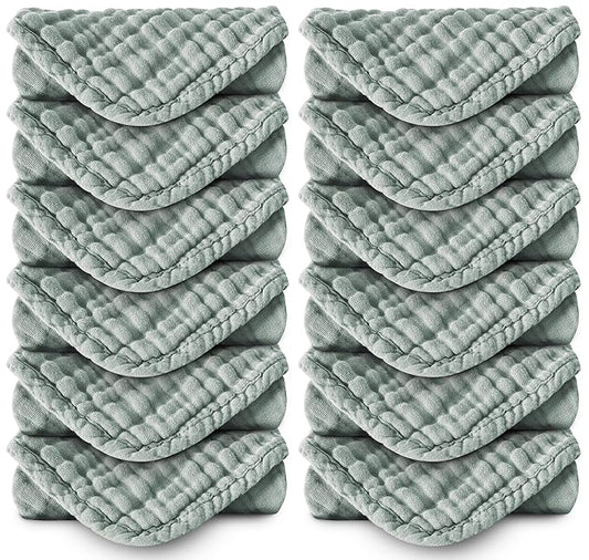 MOON PARK Baby Washcloths, 12 Pack - 12x12 Inches, Small Burp Cloths and Baby Wipes - 100% Cotton Muslin Ultra Soft for Newborn, Infant and Toddlers - Green