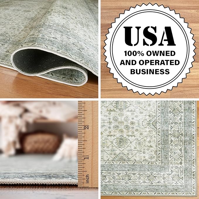 ReaLife Rugs Machine Washable Area Rug - Living Room Bedroom Bathroom Kitchen Entryway Office - Padded Low Pile Stain Resistant Premium - Boho Farmhouse Vintage - BEV - Green 5' x 7'