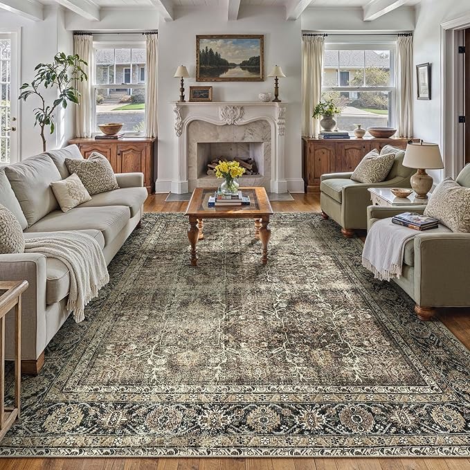 Vintage Area Rug 5x7 Brown Washable Living Room Large Carpet Non Slip Bedroom Indoor Office Low Pile Traditional Distressed Retro Accent Rug for Dining Room Bathroom Kitchen