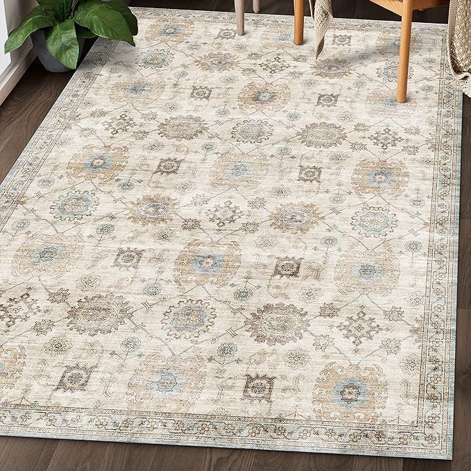 ReaLife Rugs Machine Washable Area Rug Runner - Living Room Bedroom Bathroom Kitchen Entryway Office - Padded Low Pile Stain Resistant Premium - Boho Farmhouse Vintage - Bryn - Beige Seafoam 3' x 5'