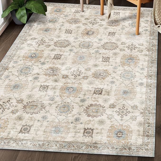 ReaLife Rugs Machine Washable Area Rug Runner - Living Room Bedroom Bathroom Kitchen Entryway Office - Padded Low Pile Stain Resistant Premium - Boho Farmhouse Vintage - Bryn - Beige Seafoam 2'6"x8'