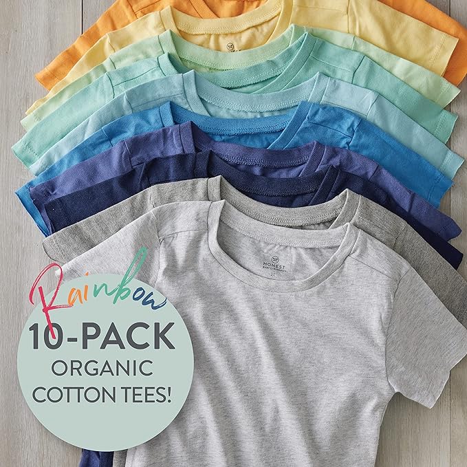 HonestBaby 10-Pack Short Sleeve T-shirts 100% Organic Cotton Baby, Toddler, Little Kids, Boys, Girls, Unisex