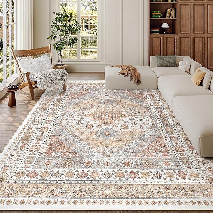 zesthome 5x7 Area Rugs - Ultra-Thin Washble Rug, Stain Resistant Anti Slip Backing Rugs for Living Room,Bedroom, Vintage Home Decor Area Rug (Orange,5'x7')