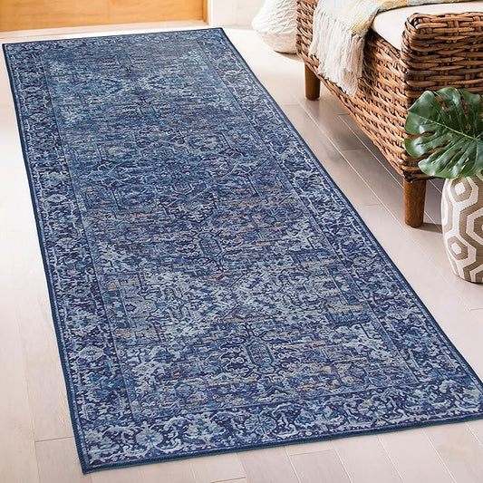 ReaLife Rugs Machine Washable Area Rug Runner - Living Room Bedroom Bathroom Kitchen Entryway Office - Padded Low Pile Stain Resistant Premium - Boho Vintage Traditional - Lyle - Blue 2'6" x 6'