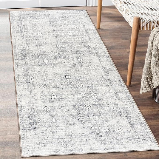 ReaLife Rugs Machine Washable Area Rug Runner - Living Room Bedroom Bathroom Kitchen Entryway Office - Padded Low Pile Stain Resistant Premium - Boho Farmhouse Vintage - Noor - Silver Ivory 2'6" x 8'