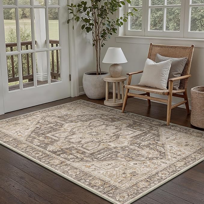 Taupe Brown Area Rug 4x6 Vintage Office Washable Distressed Kitchen Carpet Non Slip Soft Indoor Traditional Medallion Retro Accent Throw Rug for Entryway Bedroom Dining Living Room