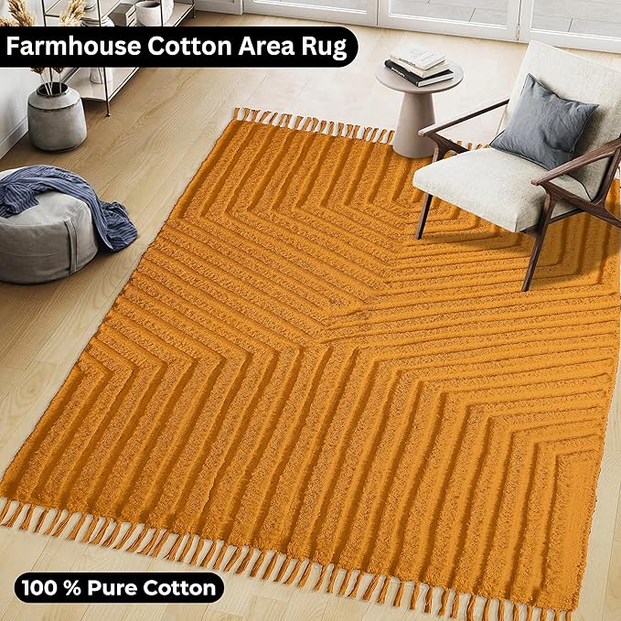 Boho Rugs for Living Room 4x6, Farmhouse Cotton Area Rug for Bedroom, Washable Tufted Indoor Floor Carpet for Kitchen Dorm Office Dining Room Office Home Decor, Mustard