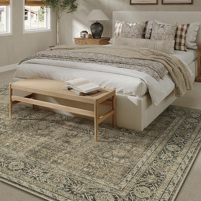 Vintage Area Rug 9x12 Light Brown Washable Living Room Large Bedroom Indoor Carpet Tribal Distressed Retro Accent Throw Rug for Office Dining Room